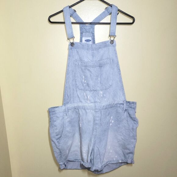 Old Navy Blue Striped Distressed Shortalls Large - Picture 2 of 14